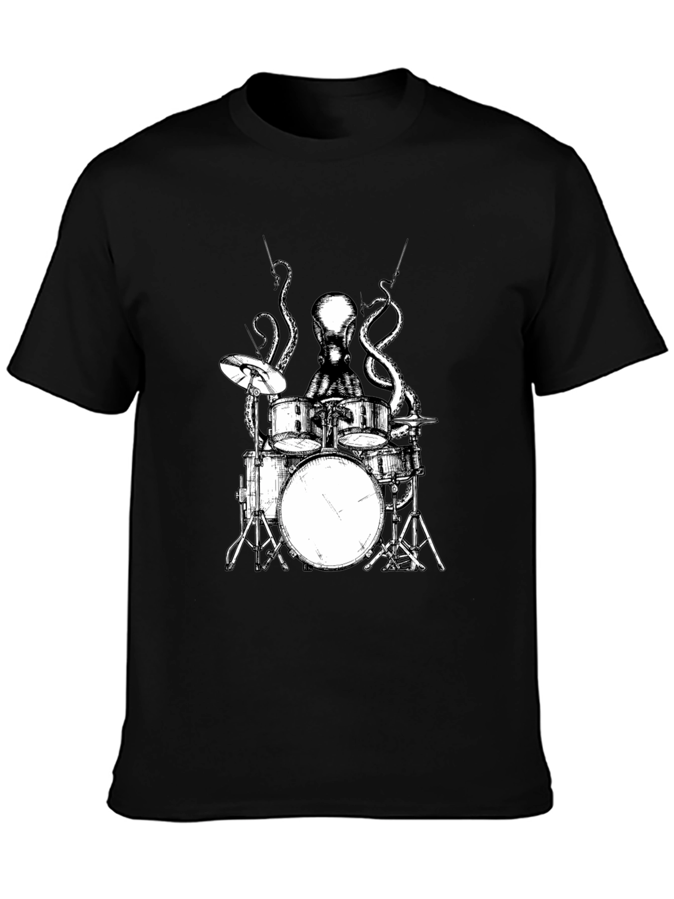 Black Octopus Drummer Graphic Tee - Black Cotton T-Shirt view 3