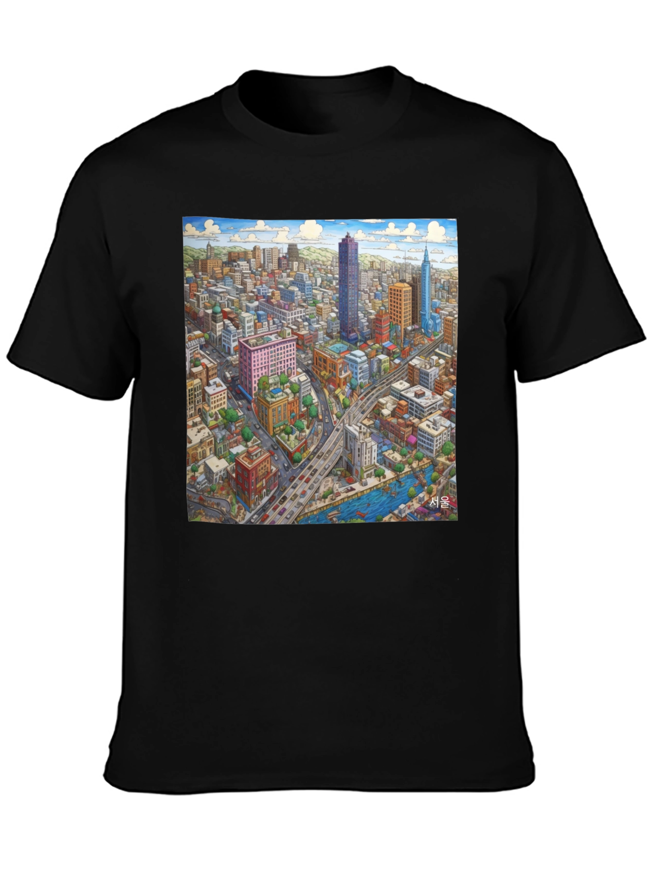 Black Seoul Cityscape Graphic Tee - Unique Design view 3