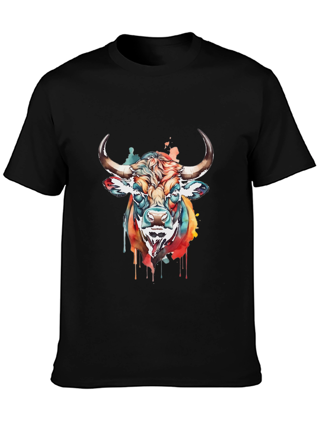Black Colorful Bull Graphic Tee - Men's Black T-Shirt view 3