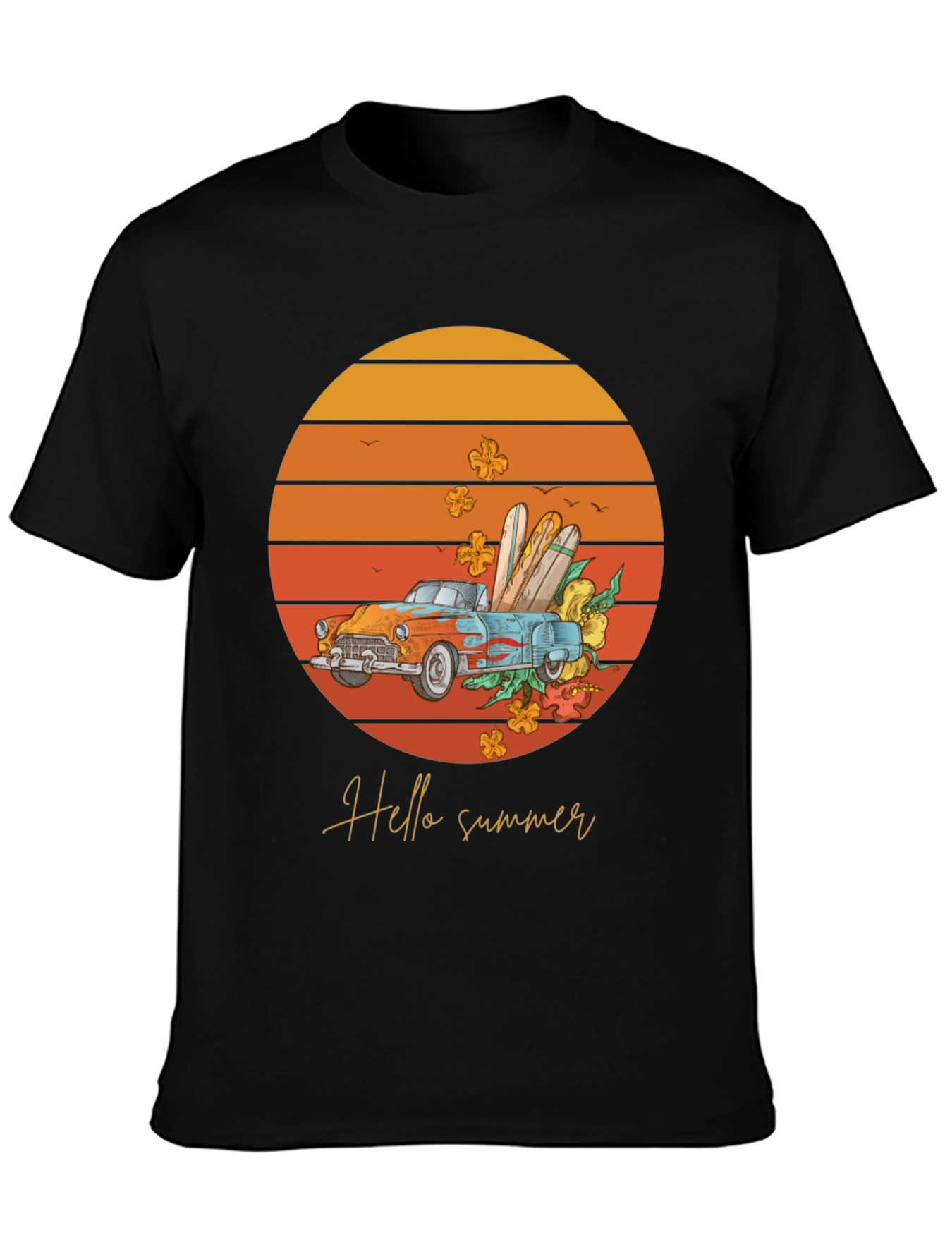 Black Hello Summer T-Shirt - Sunset Car Graphic Tee view 3