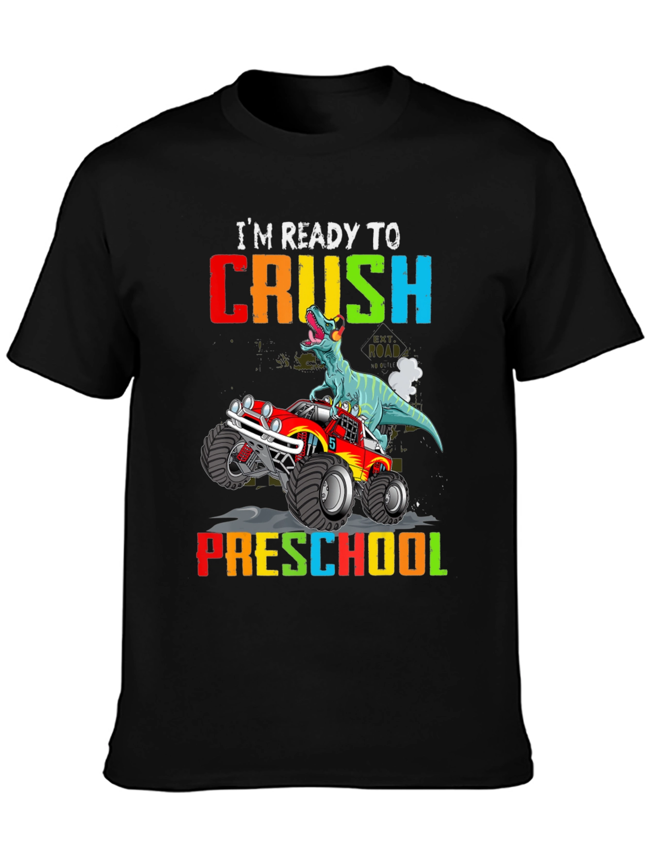 Black Ready to Crush Preschool Dinosaur Monster Truck T-Shirt view 3