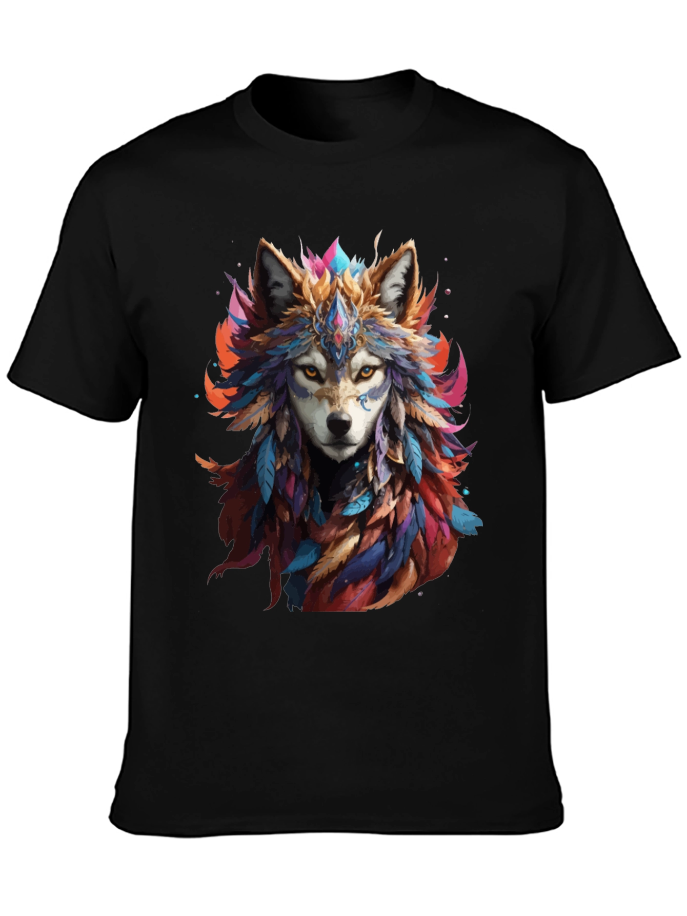 Black Wolf Feather Headdress Graphic Black T-Shirt view 3
