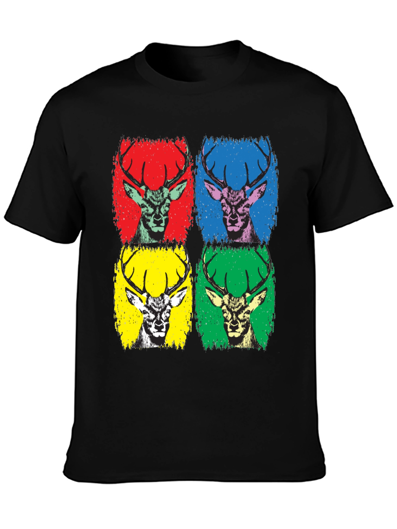 Black Pop Art Deer Graphic Tee - Black Cotton T-Shirt view 3
