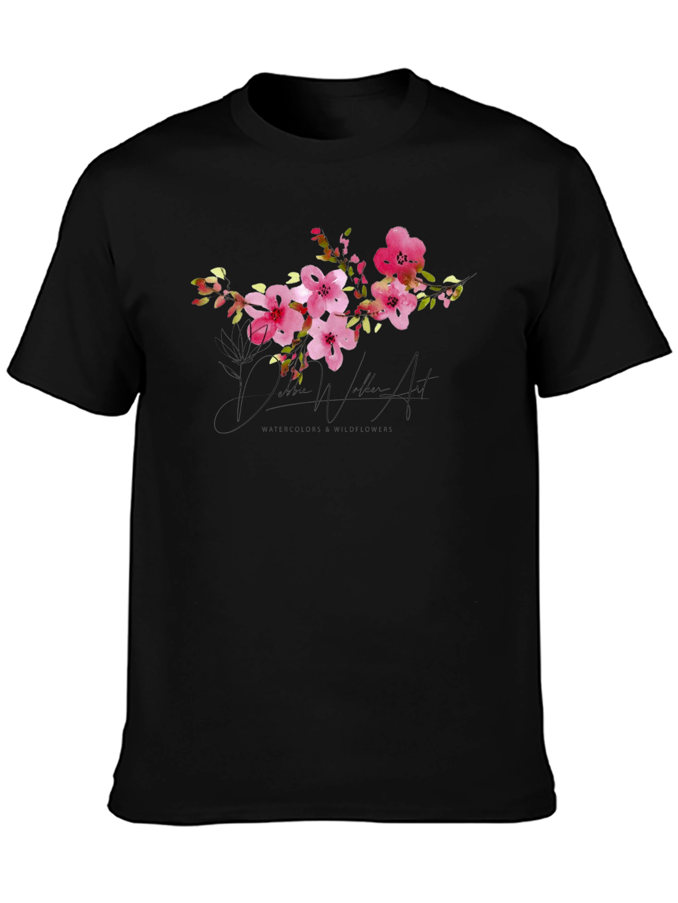 Black Floral Watercolor Art T-Shirt - Unique Design view 3