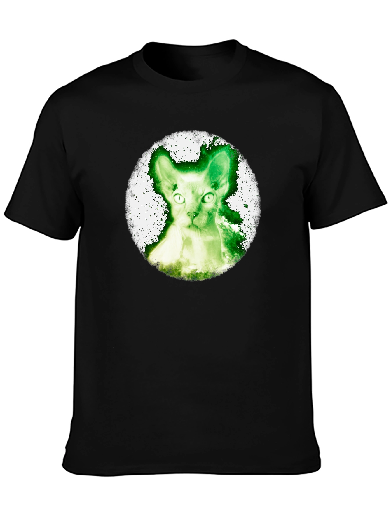 Black Green Cat Graphic Tee - Black Cotton Shirt view 3