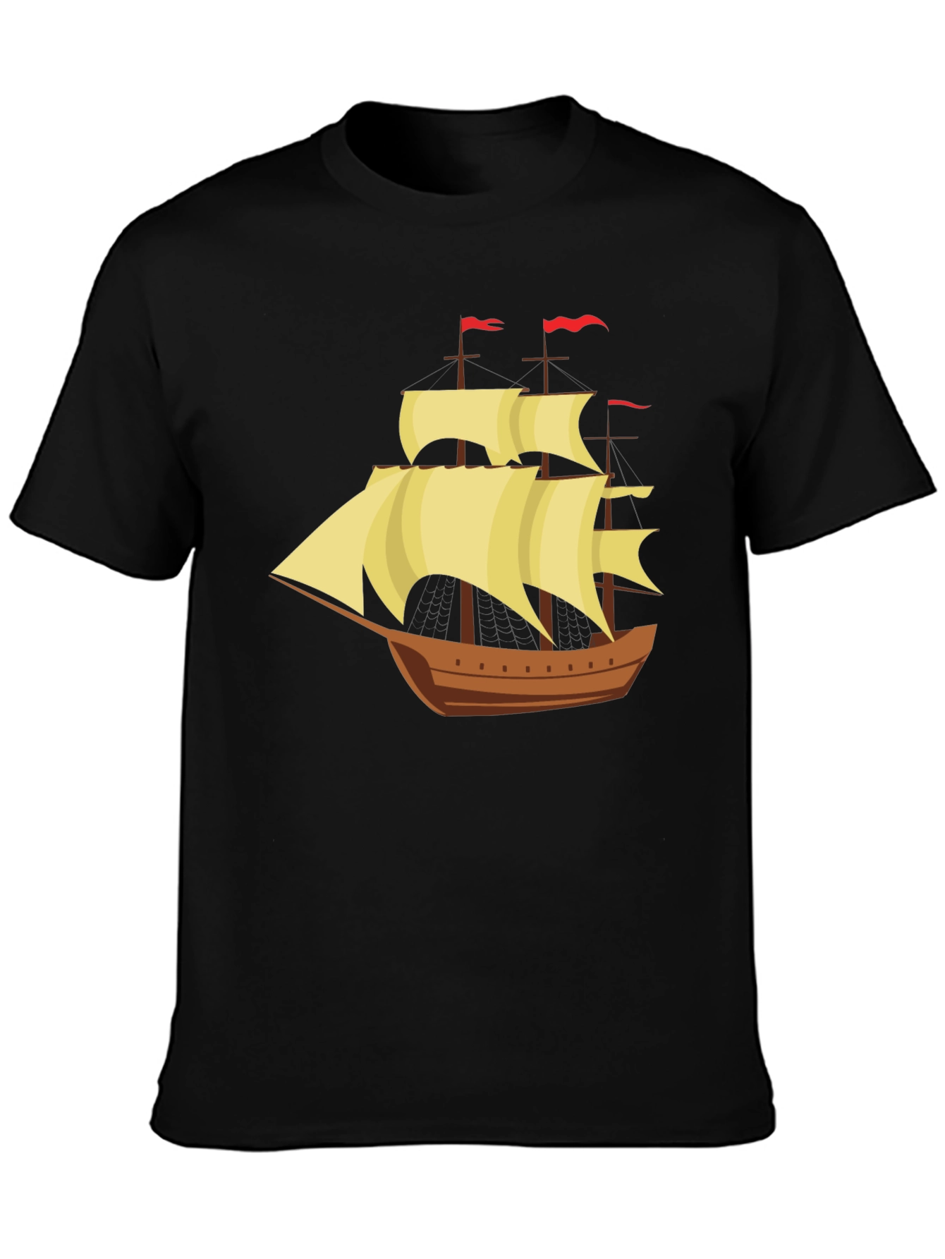 Black Vintage Sailing Ship Graphic Tee - Black Cotton T-Shirt view 3
