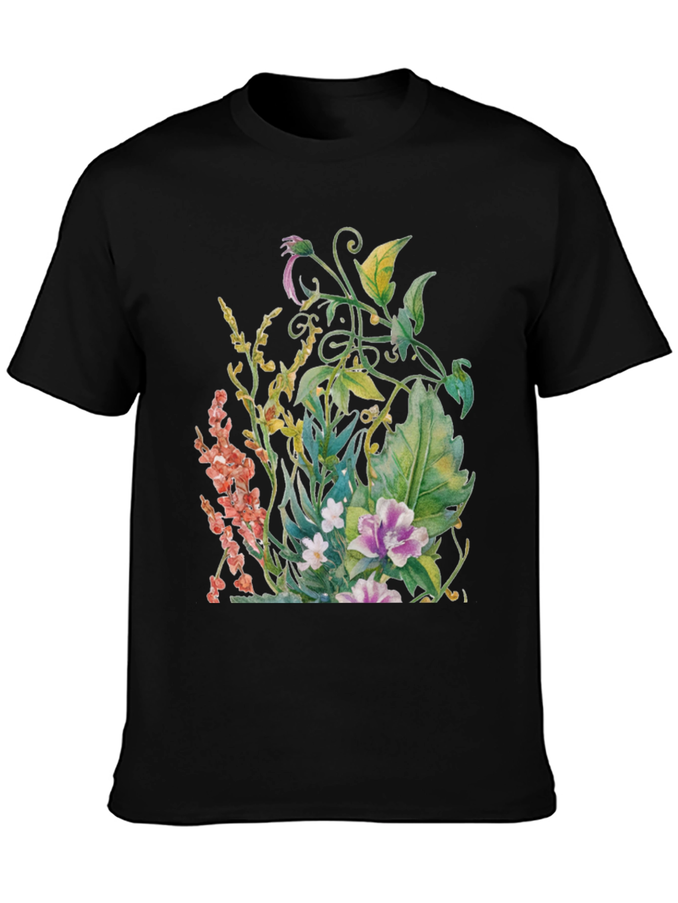 Black Floral Garden Watercolor Black T-Shirt view 3