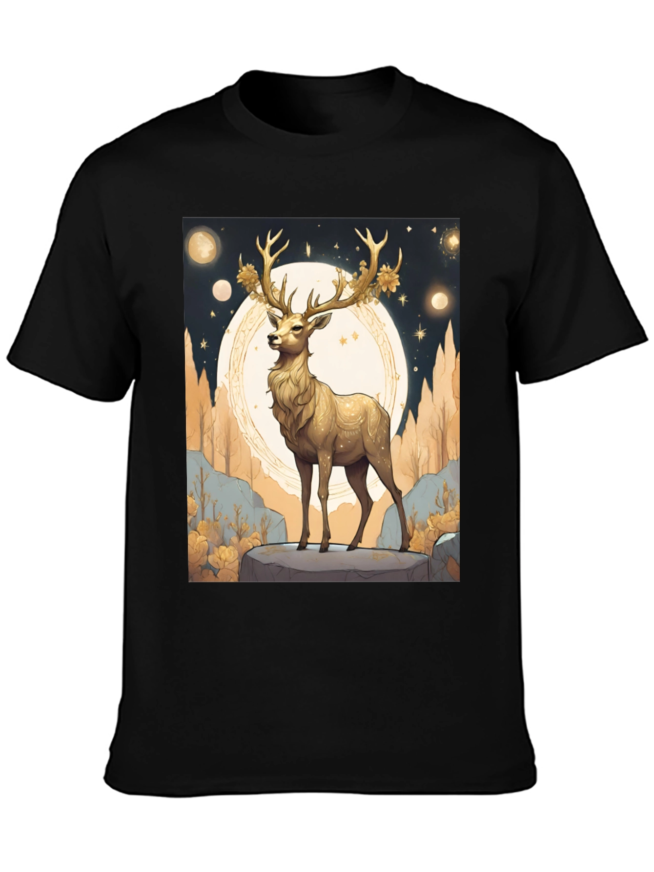 Black Golden Deer Graphic Tee - Celestial Stag Design view 3