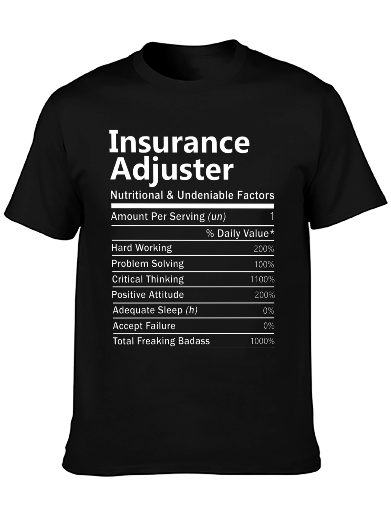 Black Insurance Adjuster Nutrition Facts T-Shirt view 3