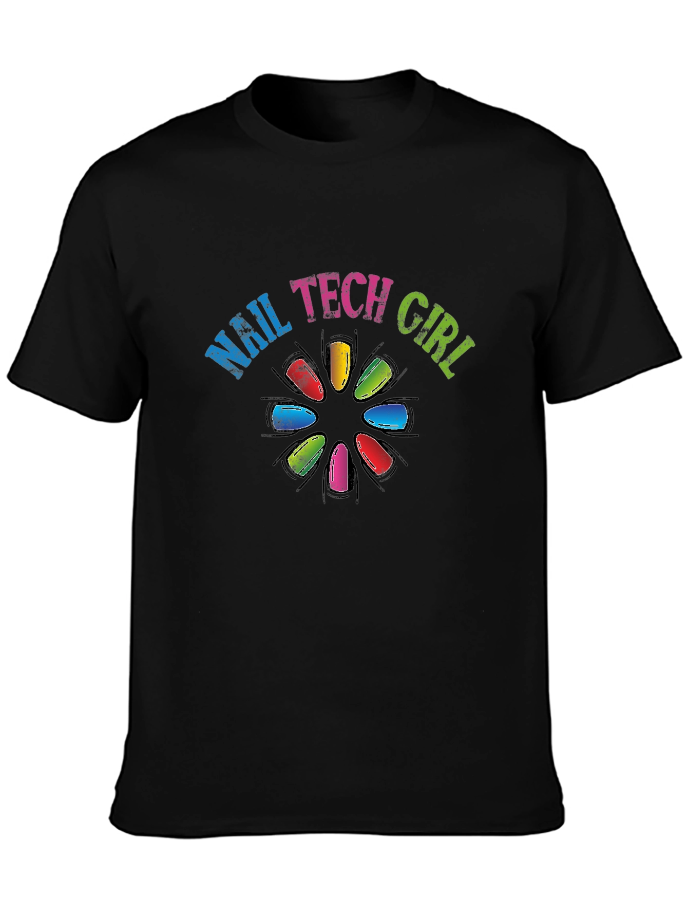 Black Nail Tech Girl T-Shirt Colorful Nail Art Tee view 3