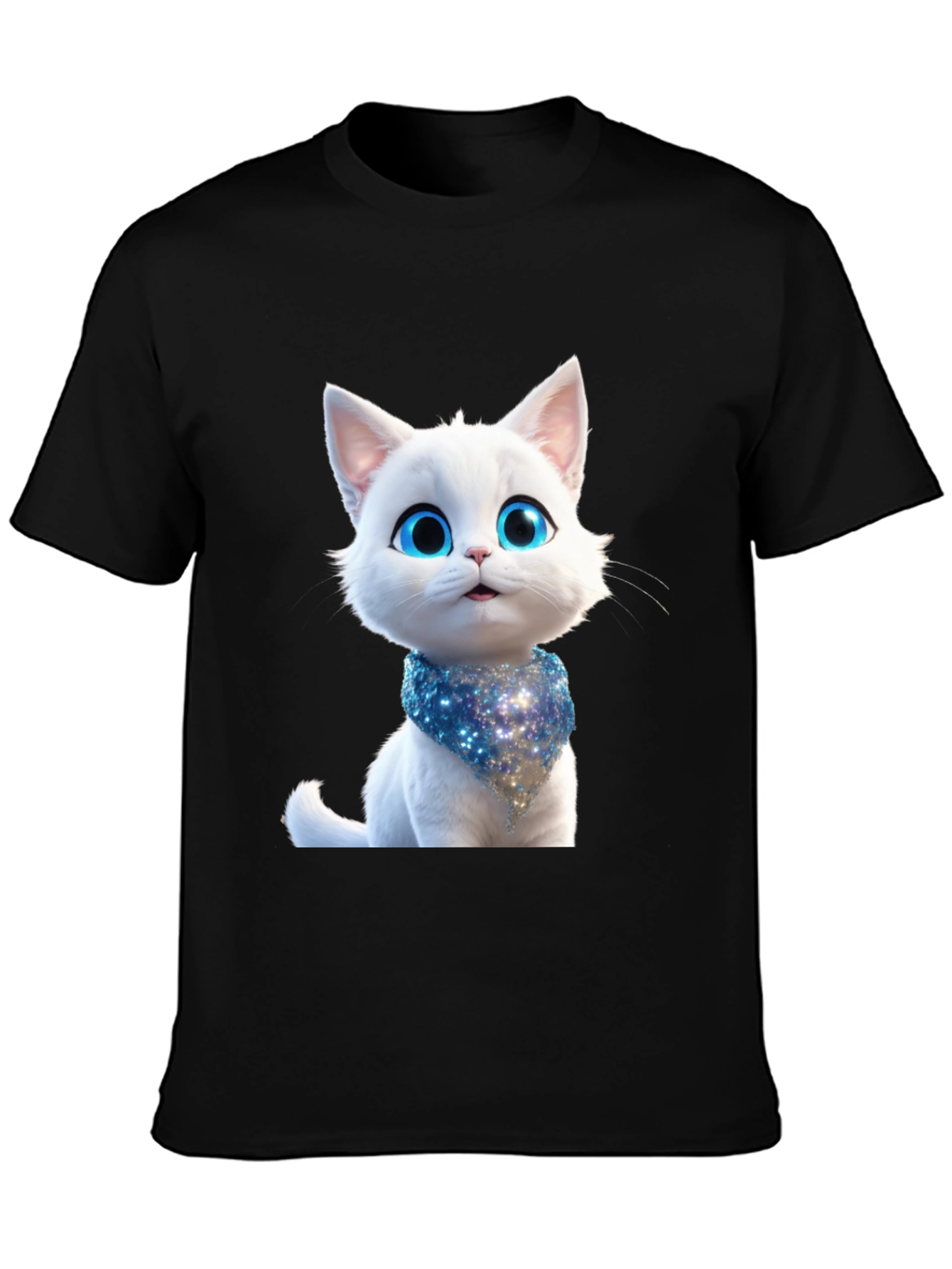 Black Cute Cartoon Cat Graphic Tee - Unisex Black T-Shirt view 3
