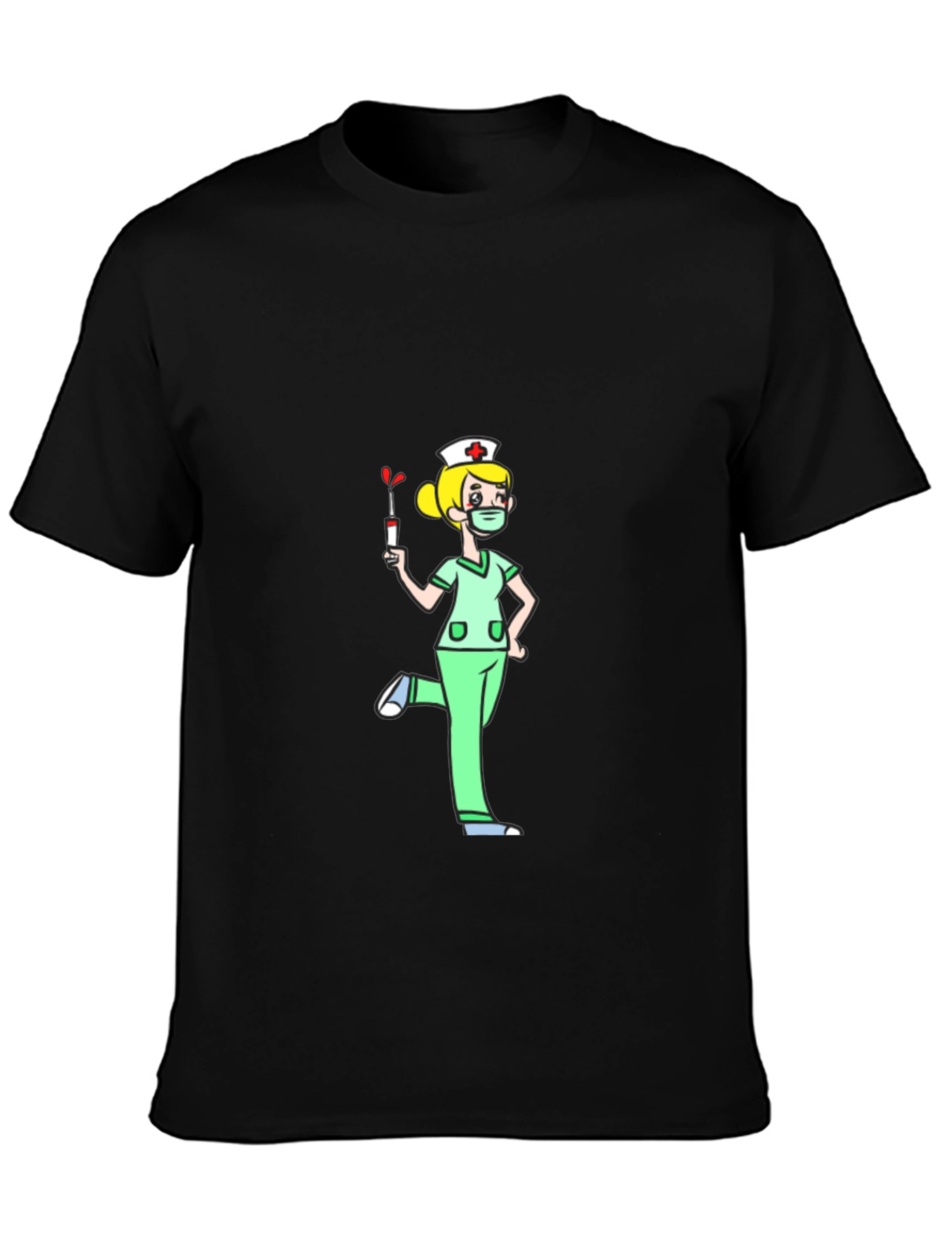 Black Nurse Cartoon Graphic T-Shirt - Black Cotton Tee view 3