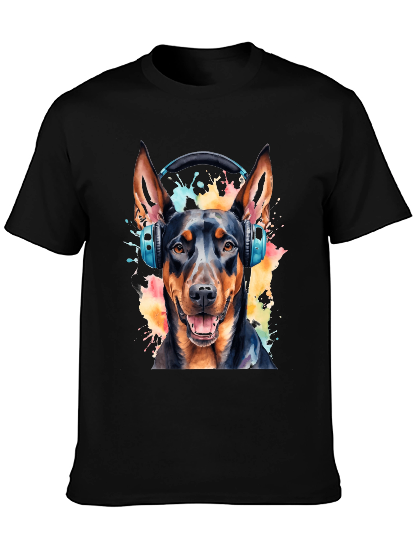 Black Dog with Headphones Black T-Shirt view 3