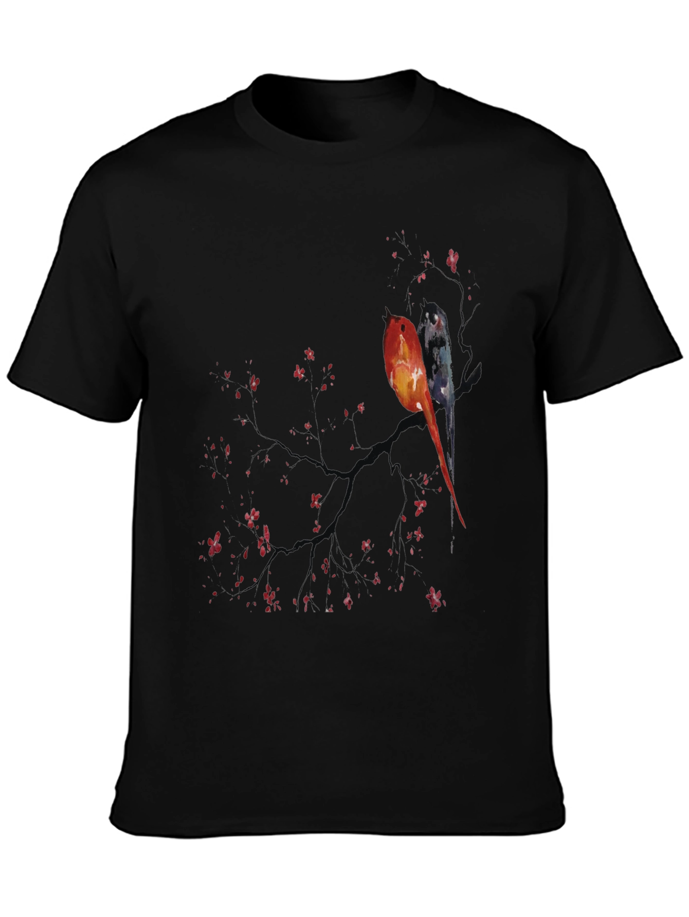 Black Artistic Birds on Branch Graphic Tee view 3
