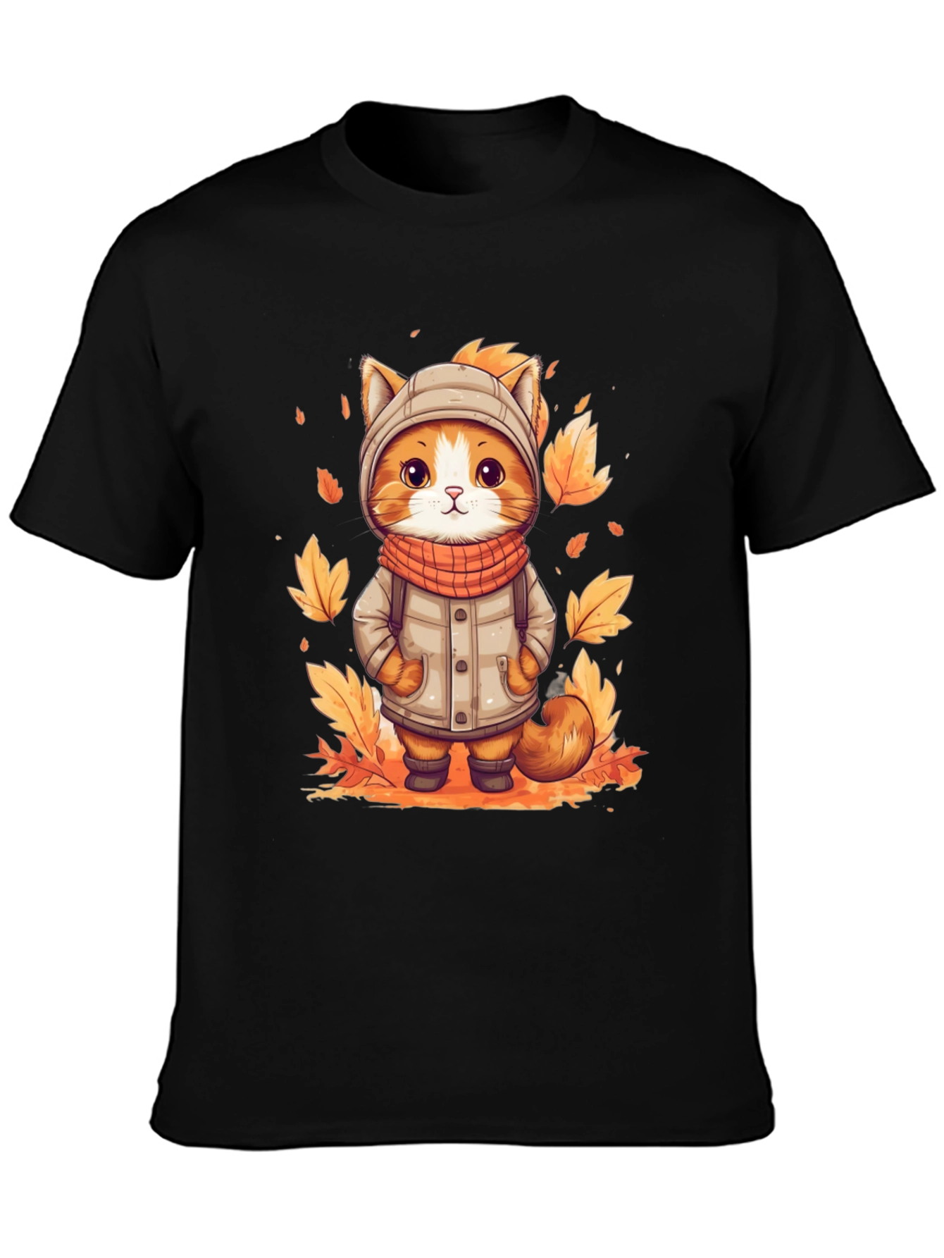 Black Fall Cat T-Shirt - Cute Autumn Kitten Design view 3