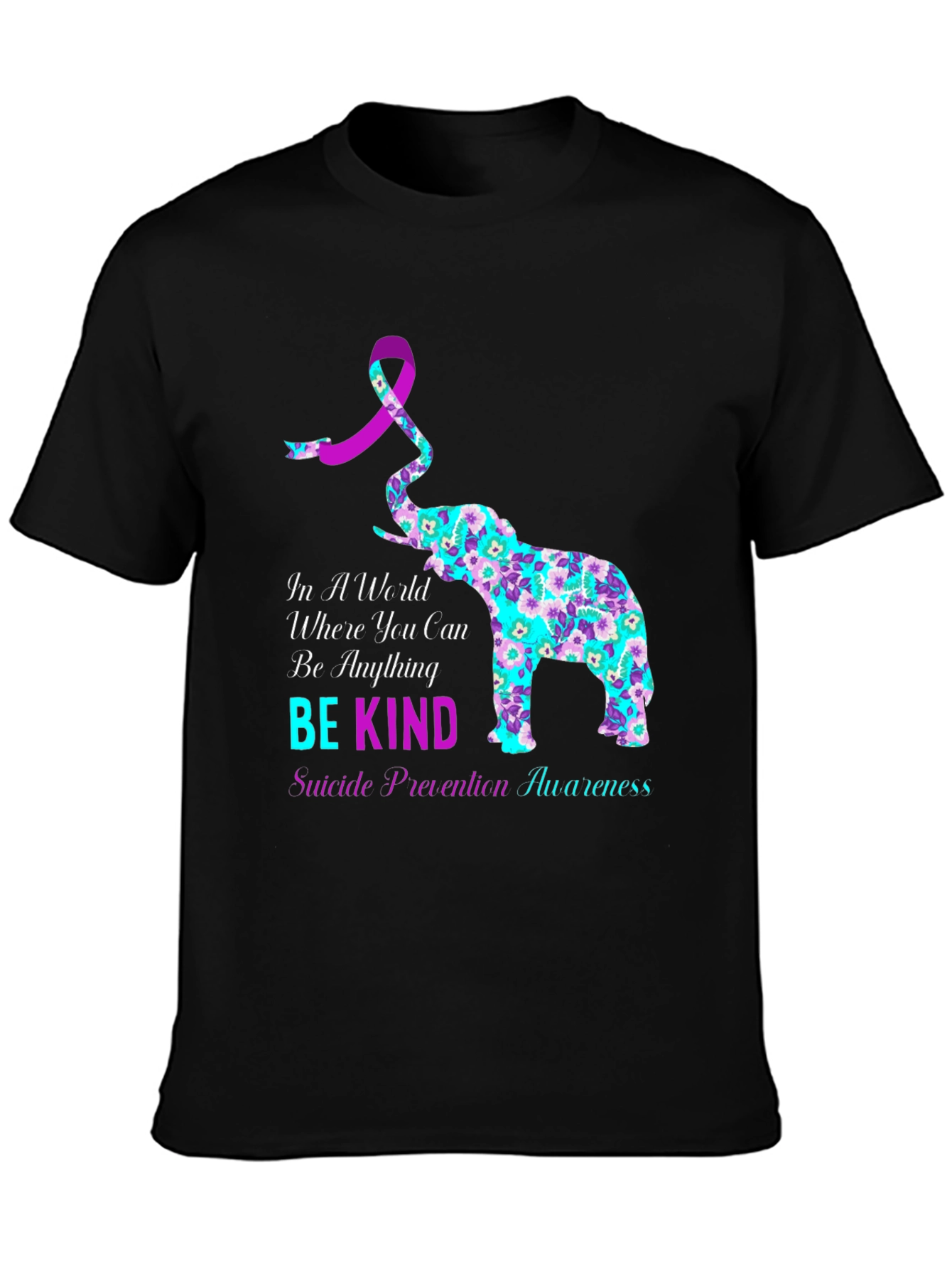Black Be Kind Suicide Awareness Elephant Graphic Tee view 3