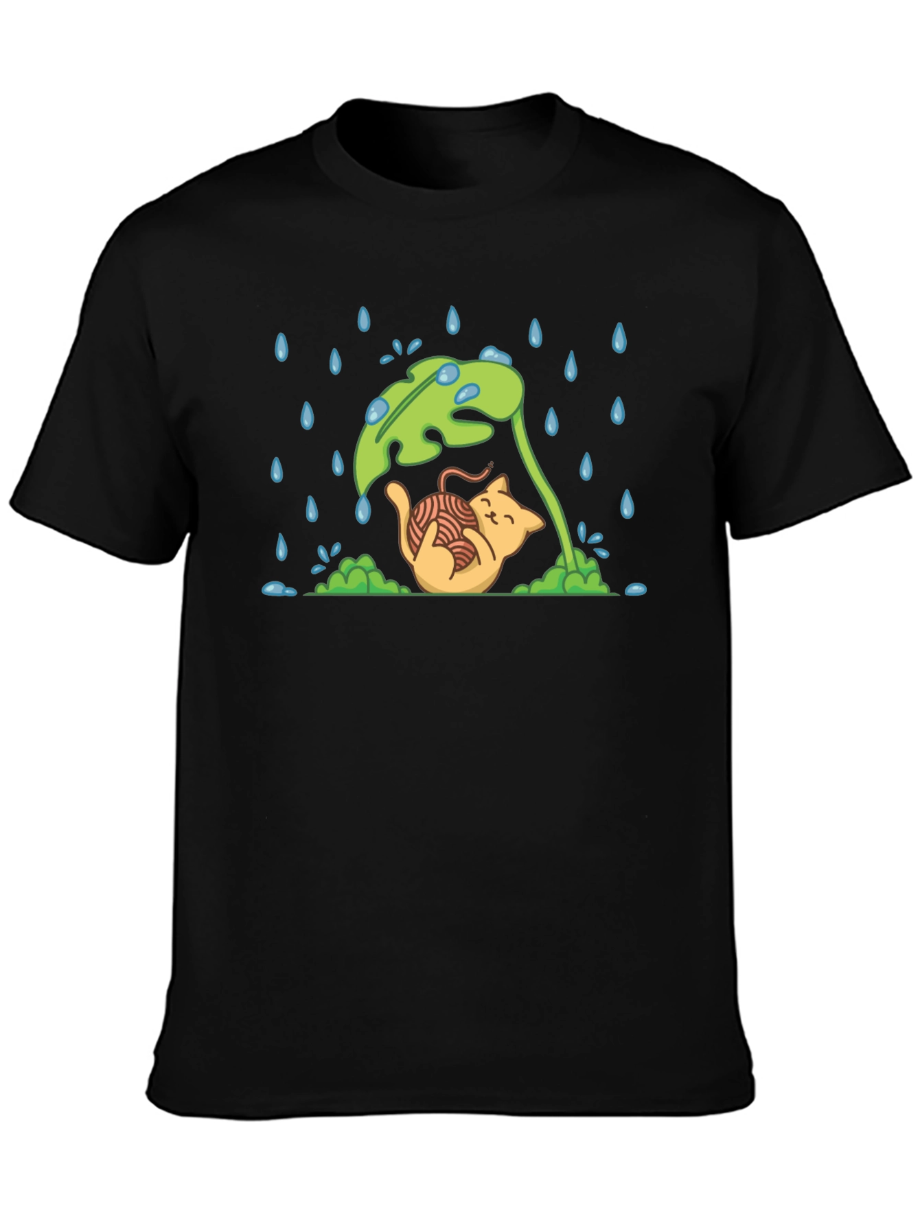 Black Cute Cat Under Leaf in Rain T-Shirt view 3