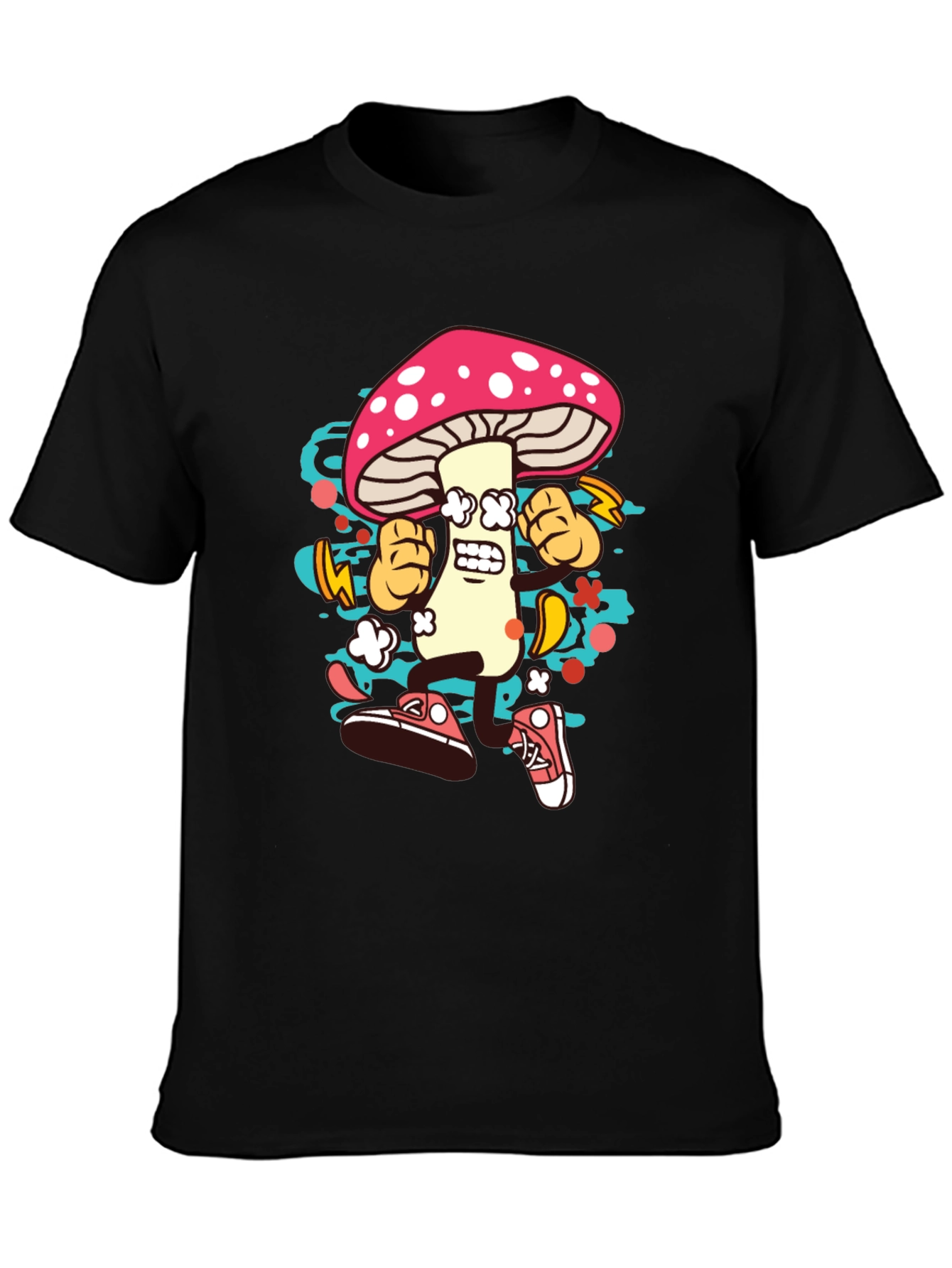 Black Funky Mushroom Graphic T-Shirt - Black Cotton Tee view 3