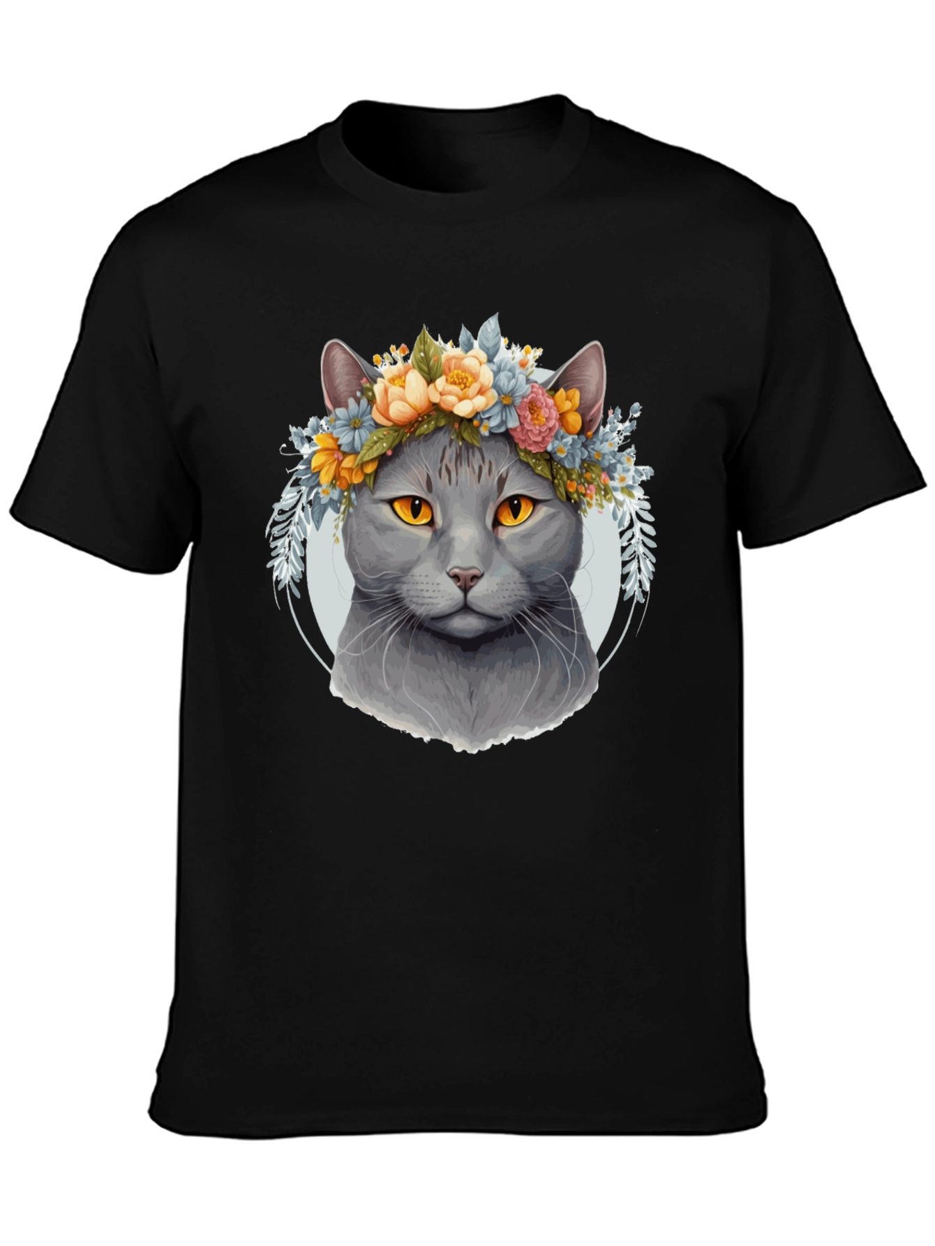 Black Cat with Floral Crown Black T-Shirt view 3
