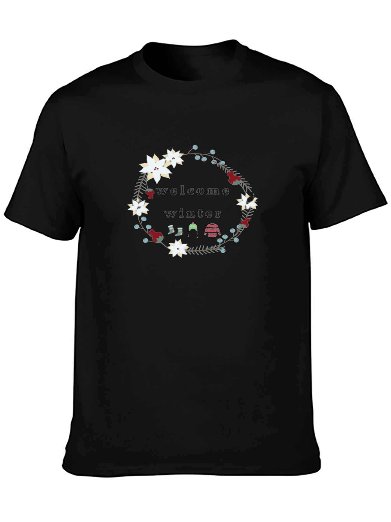 Black Welcome Winter Floral Wreath Black T-Shirt view 3