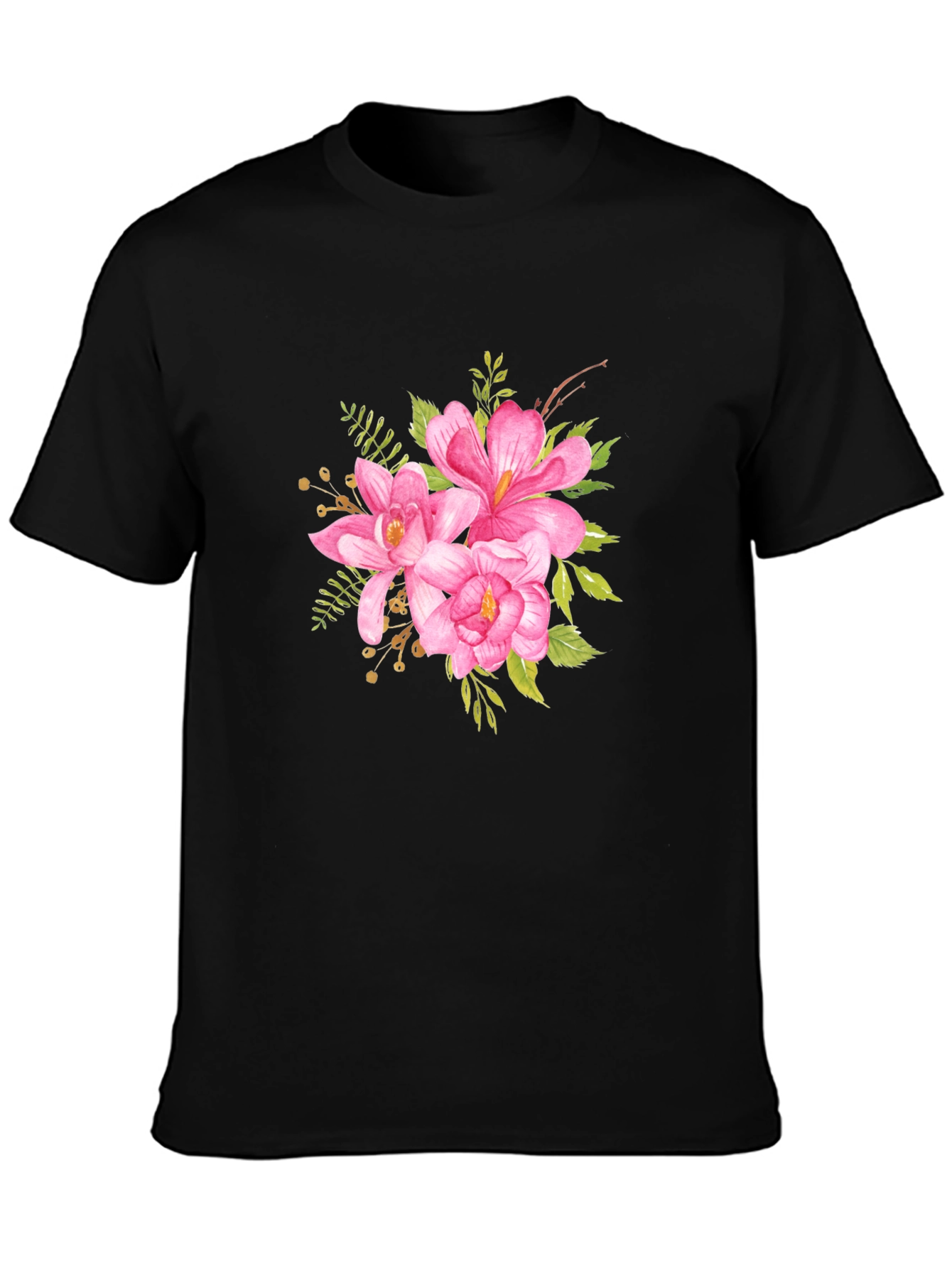 Black Floral T-Shirt - Pink Watercolor Flower Graphic Tee view 3