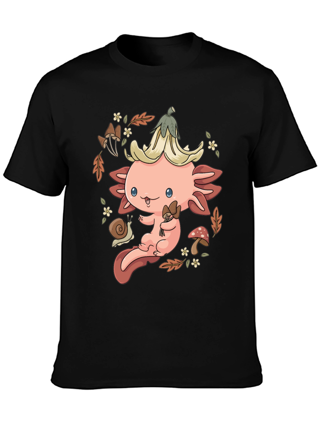 Black Cute Axolotl Mushroom T-Shirt - Whimsical Nature Design view 3