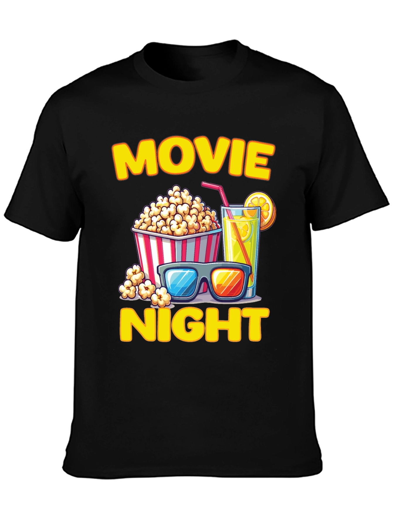 Black Movie Night T-Shirt - Popcorn, Drink, and Glasses view 3