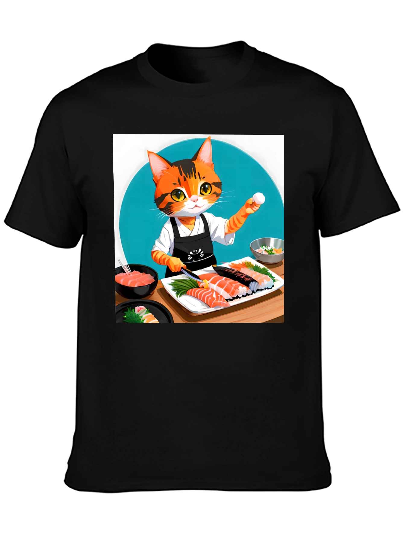 Black Sushi Cat T-Shirt - Chef Kitten Design view 3