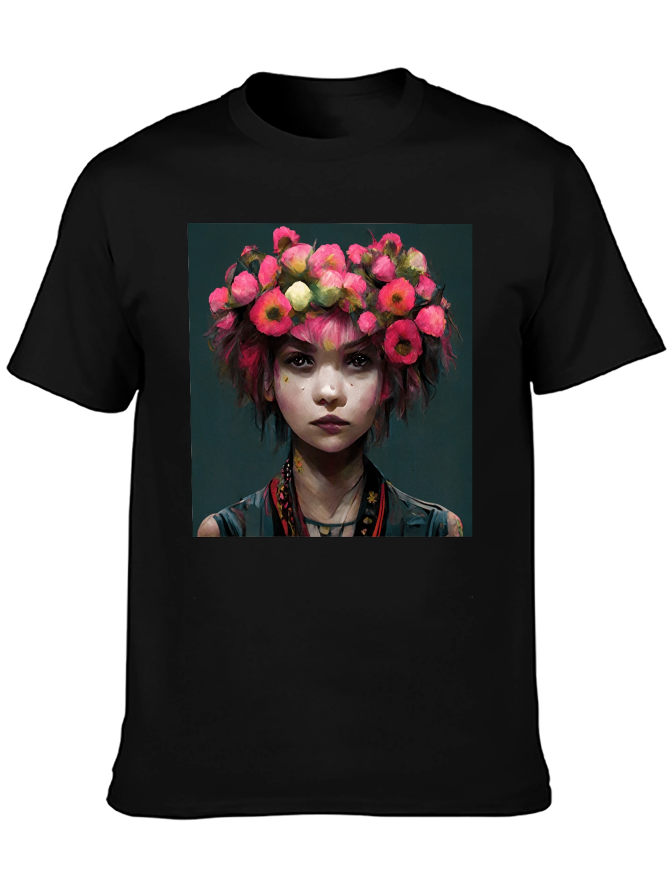 Black Floral Crown Girl Portrait T-Shirt view 3