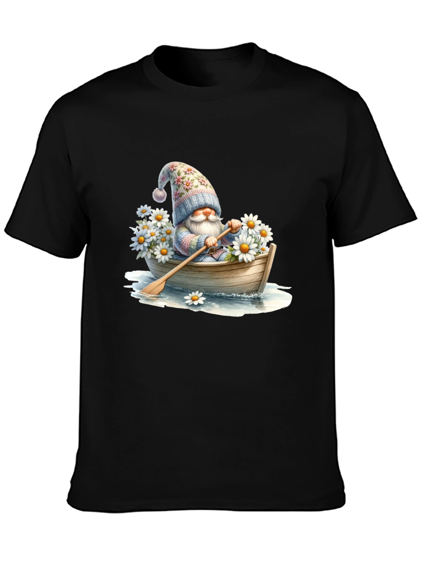 Black Gnome in Boat T-Shirt - Whimsical Floral Hat view 3