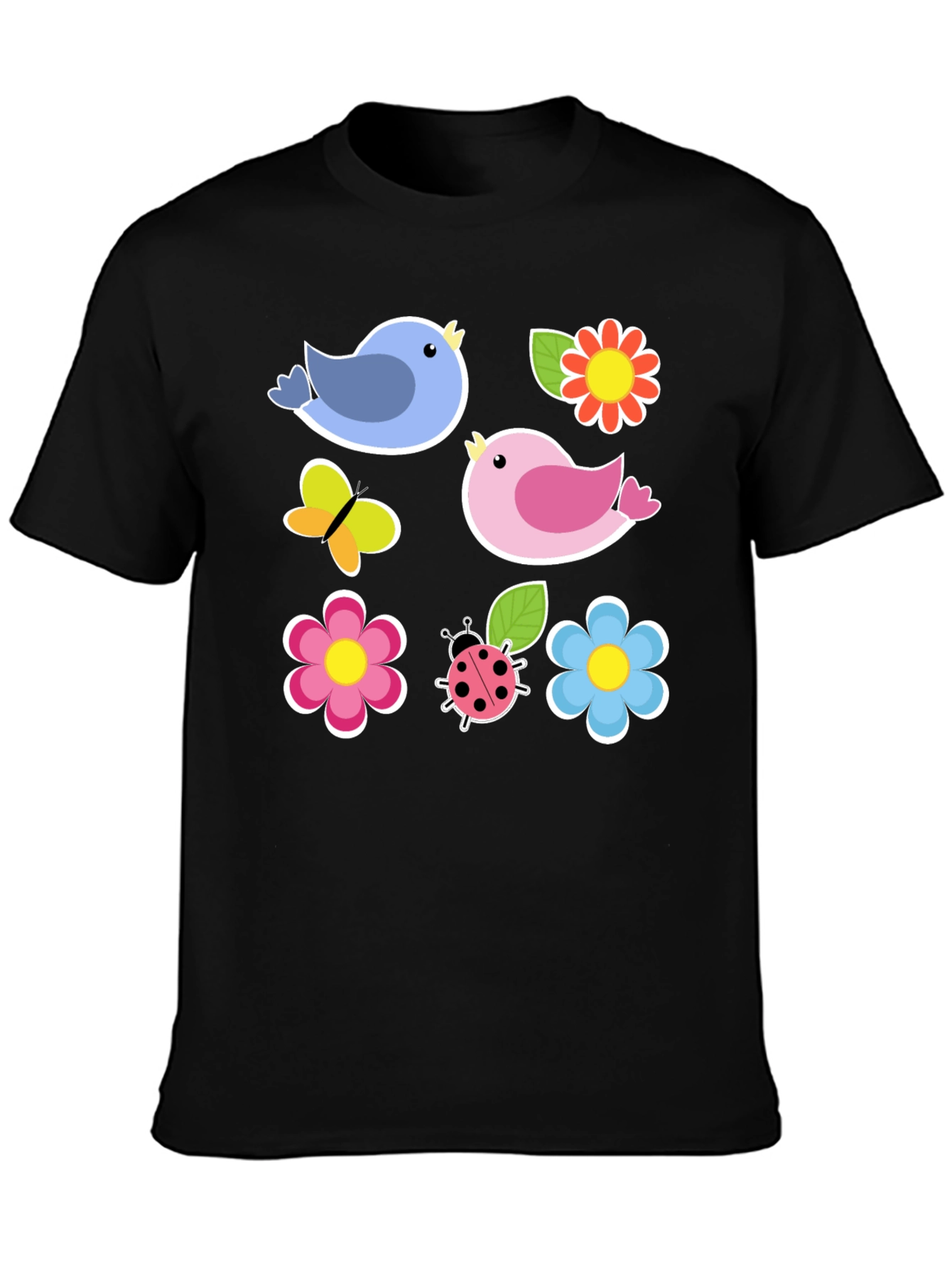Black Cute Spring Bird & Floral Graphic Black T-Shirt view 3