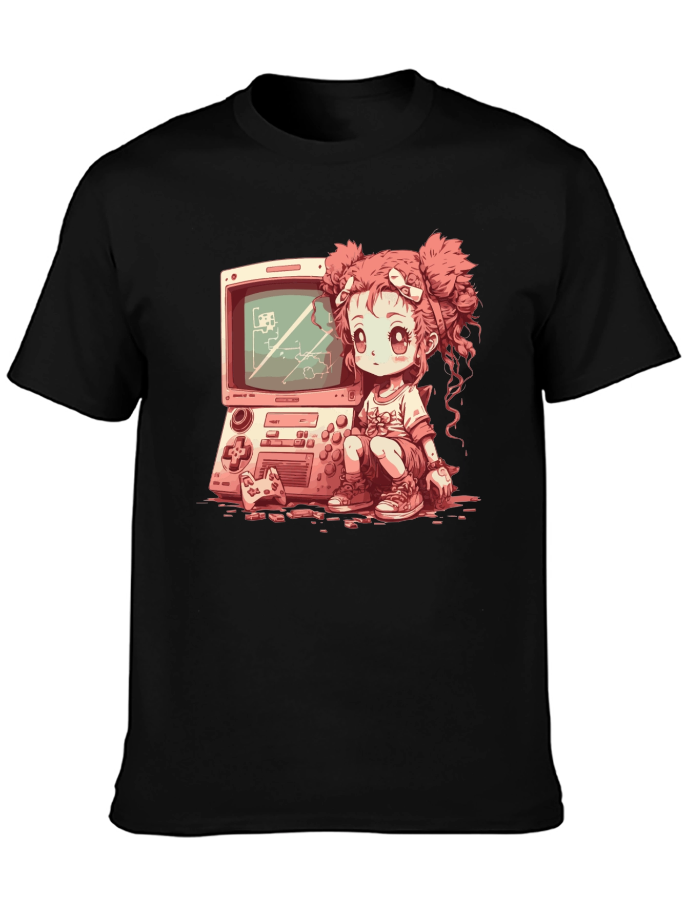 Black Retro Gamer Girl Black T-Shirt view 3