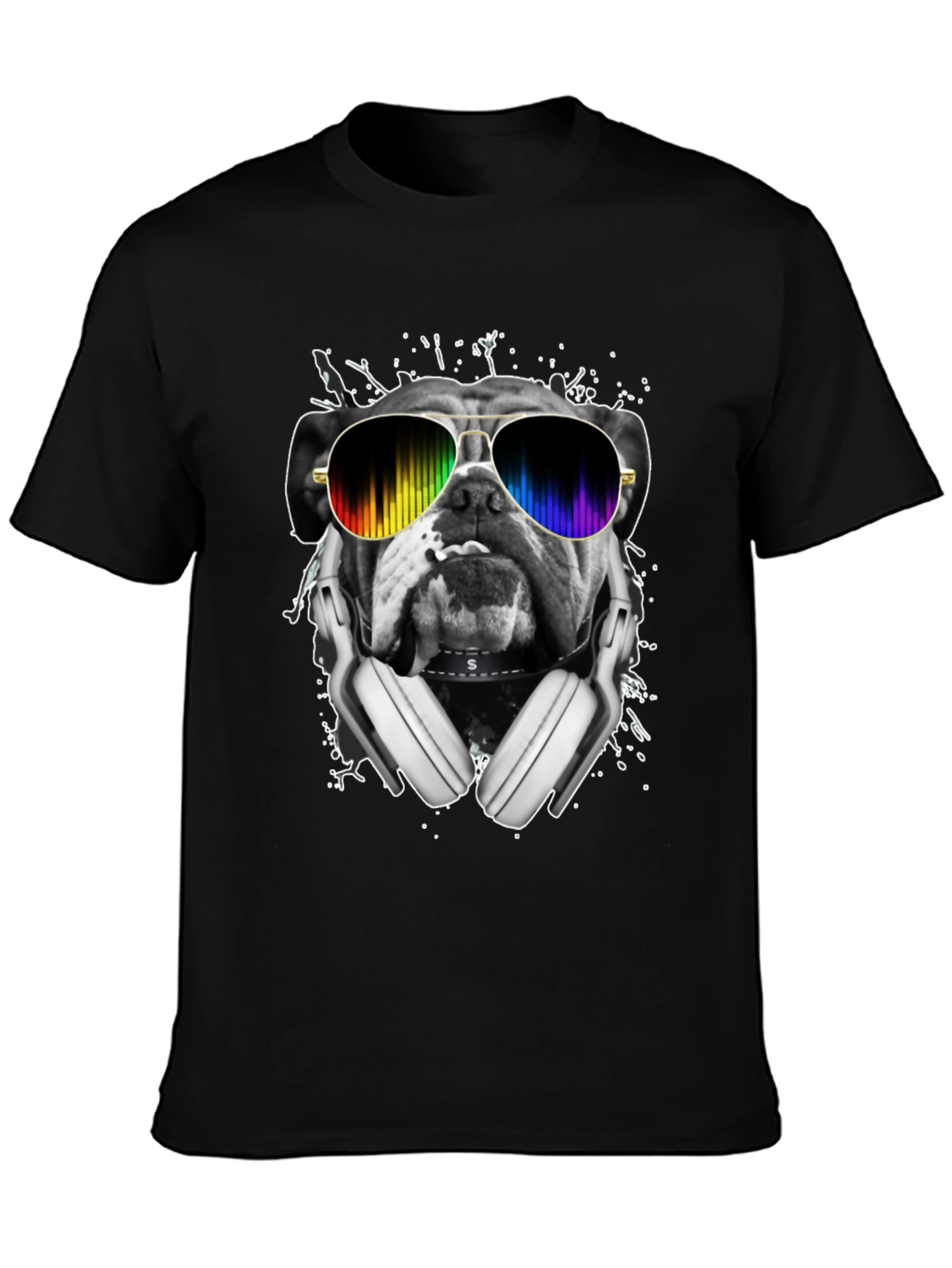 Black Bulldog DJ T-Shirt - Rainbow Glasses & Headphones view 3