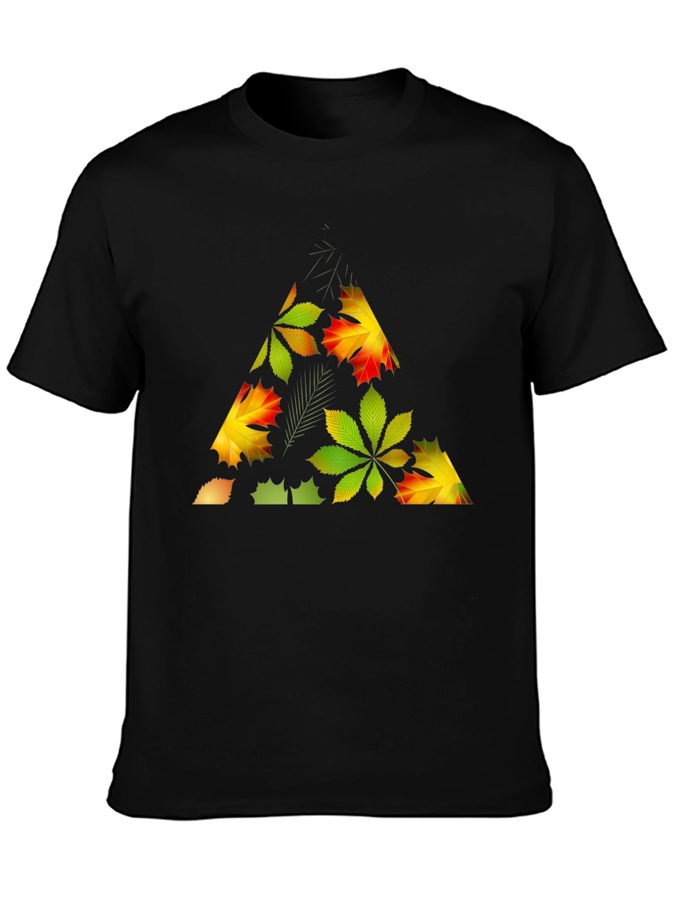 Black Autumn Leaf Triangle Black T-Shirt view 3