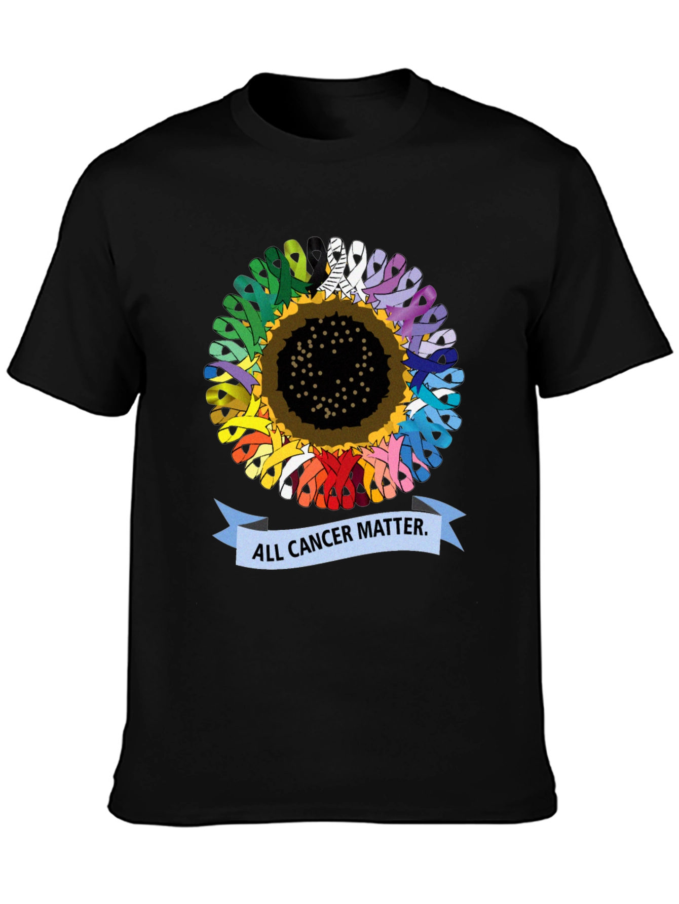 Black All Cancer Matter T-Shirt - Sunflower Ribbon Design view 3