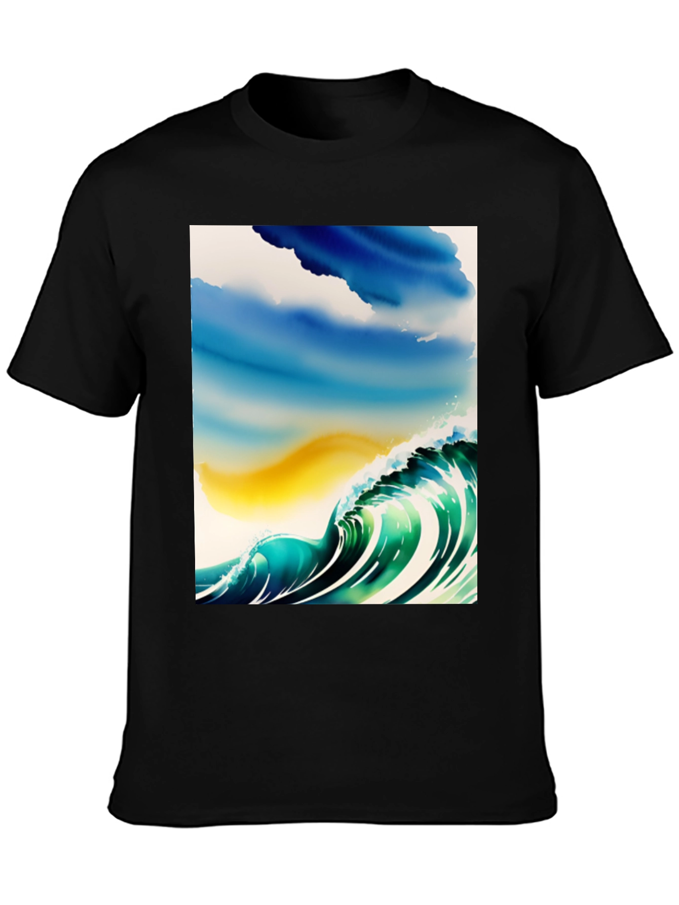 Black Wave Watercolor Graphic Tee - Black Cotton Casual view 3
