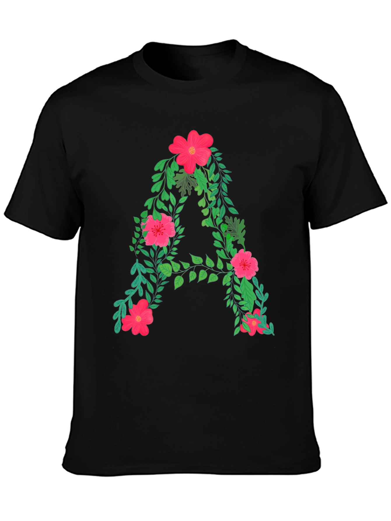 Black Floral Letter A Black T-Shirt view 3