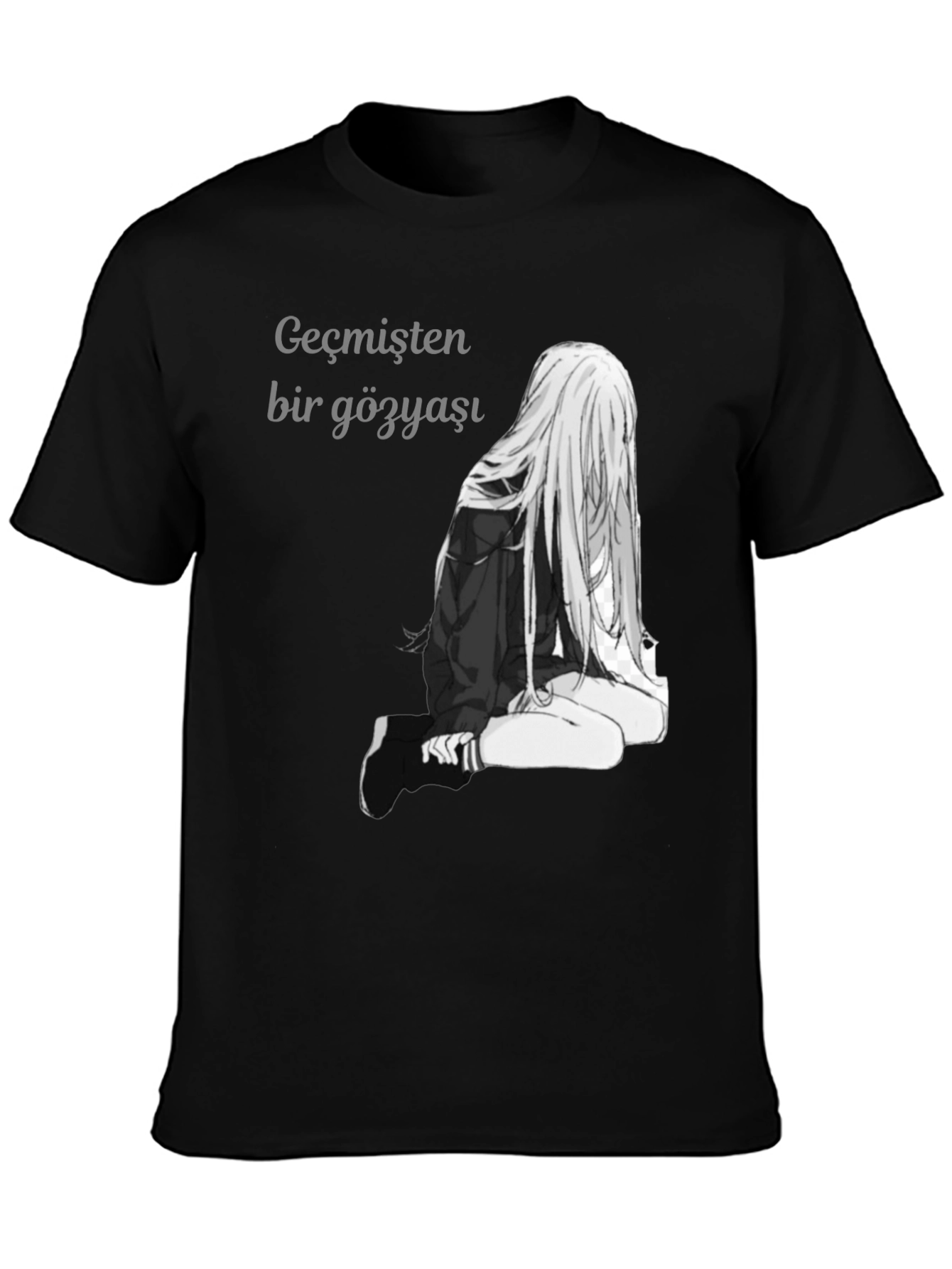 Black Anime Girl Graphic Print Black T-Shirt view 3