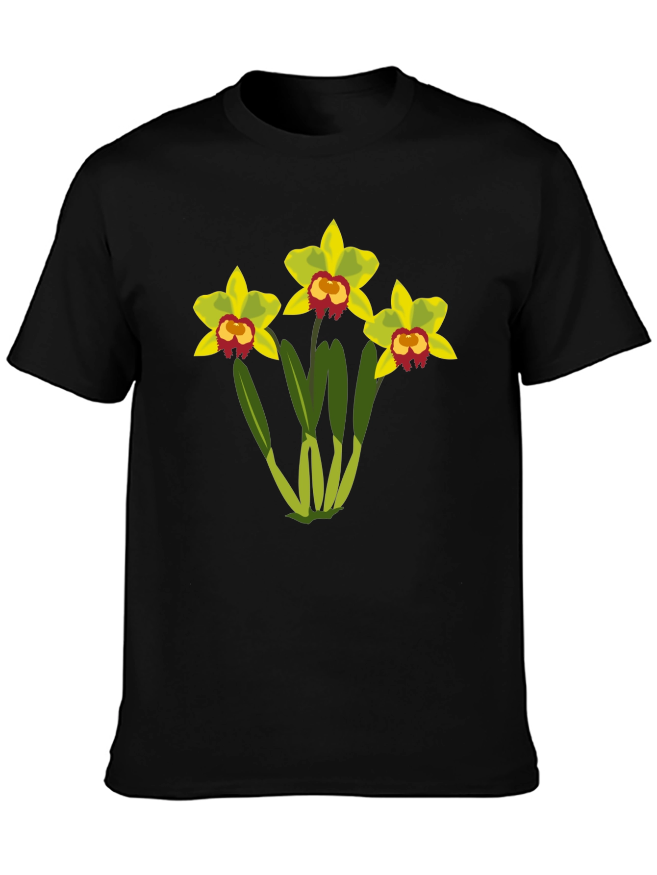 Black Floral Graphic T-Shirt - Black Cotton Tee with Orchid Design view 3