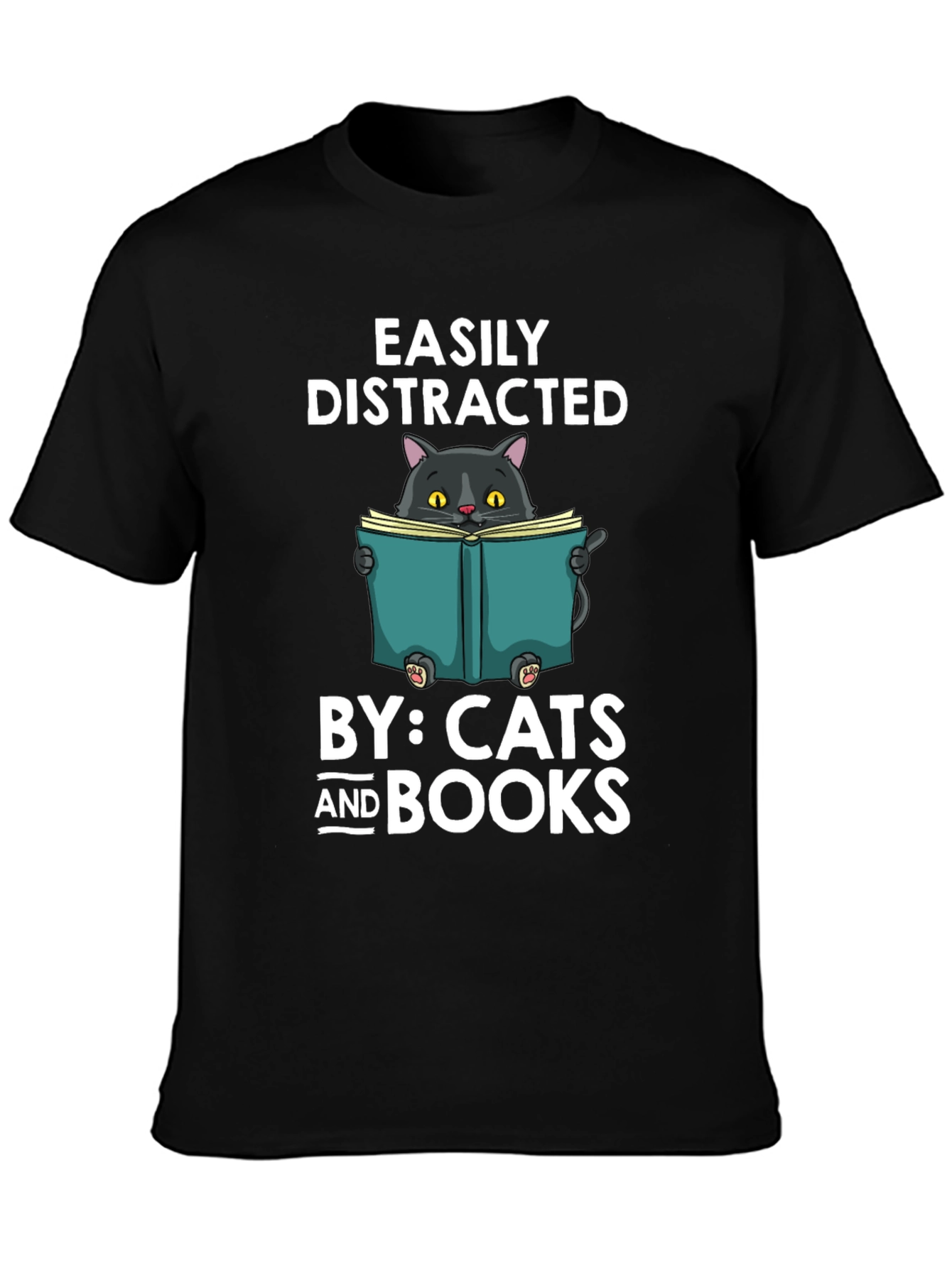 Black Easily Distracted By Cats and Books T-Shirt view 3