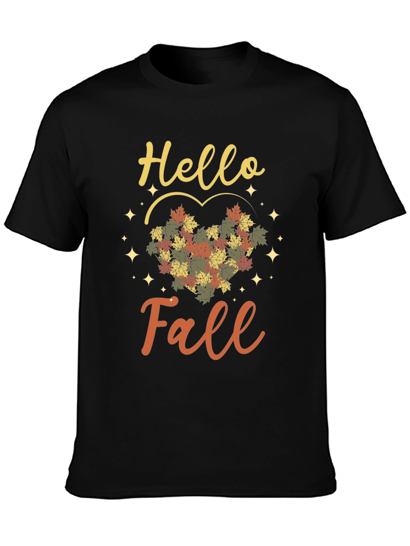 Black Hello Fall T-Shirt - Autumn Leaves Heart view 3