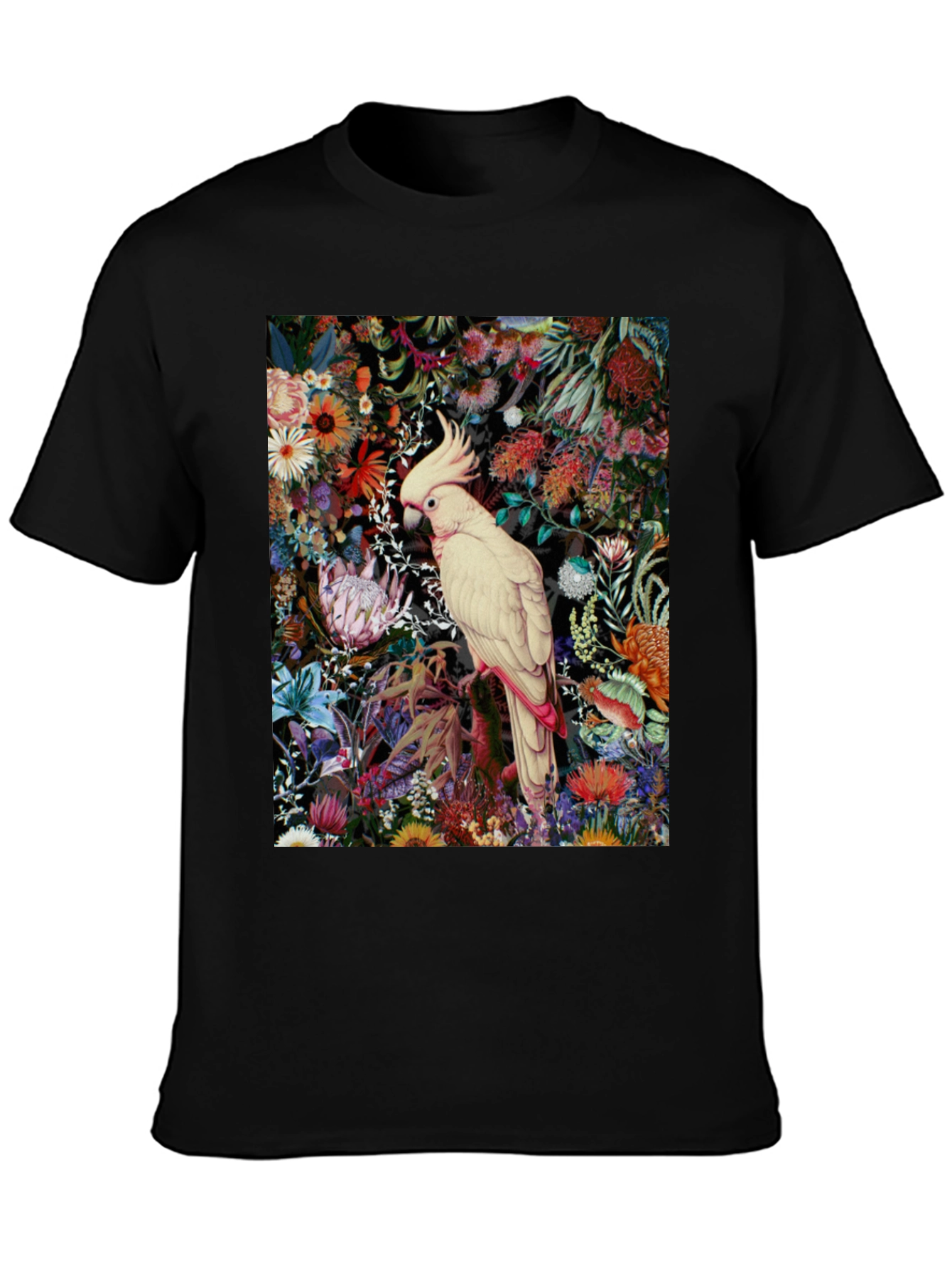Black Floral Cockatoo Print Tee - Unique Graphic T-Shirt view 3