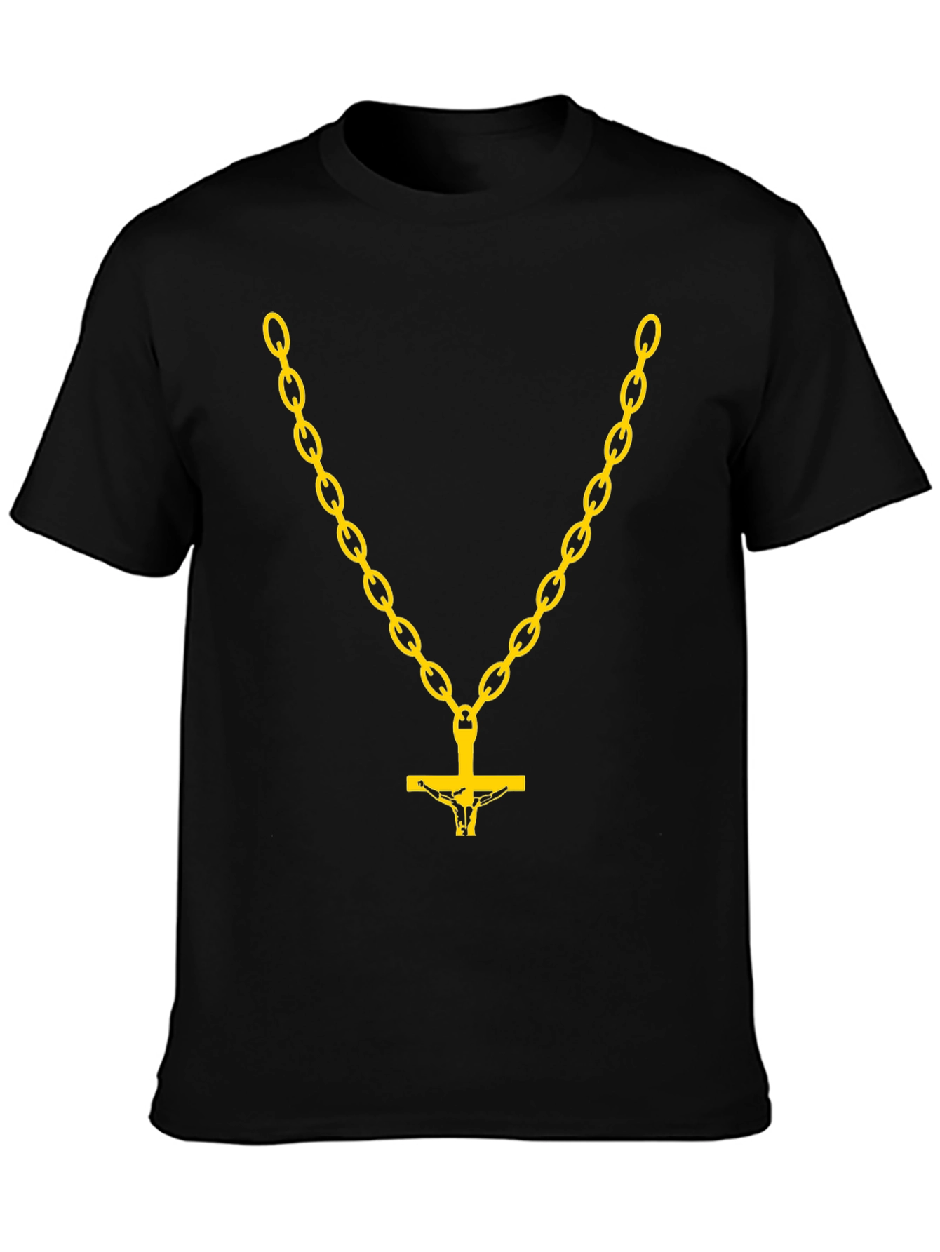 Black Men's Black T-Shirt with Gold Chain and Cross Design view 3