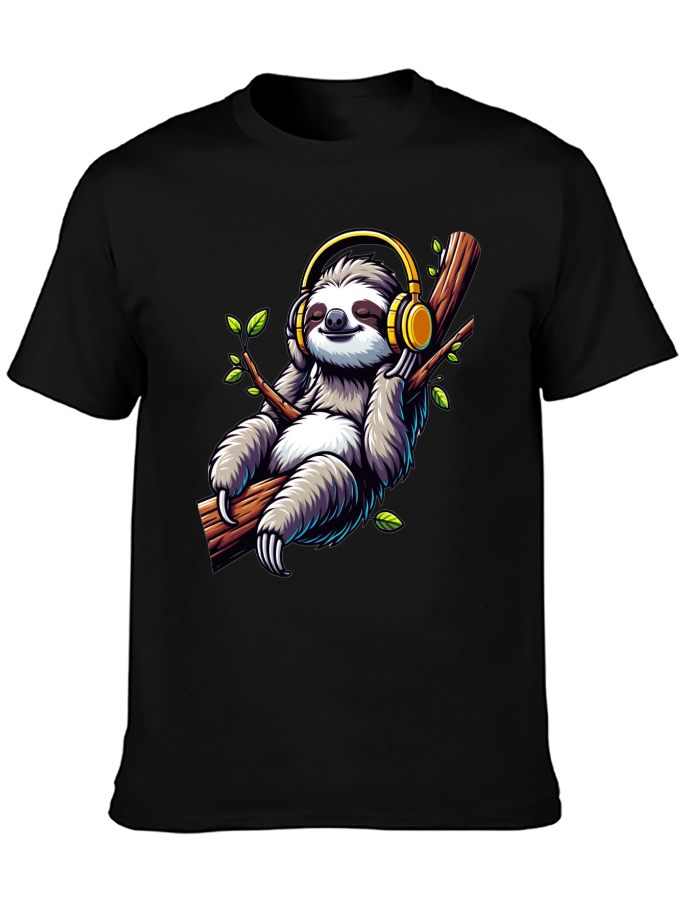 Black Sloth with Headphones Graphic T-Shirt view 3