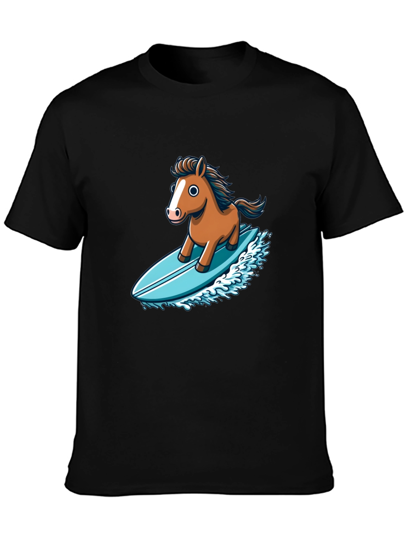 Black Horse Surfing T-Shirt - Unique Cartoon Design view 3