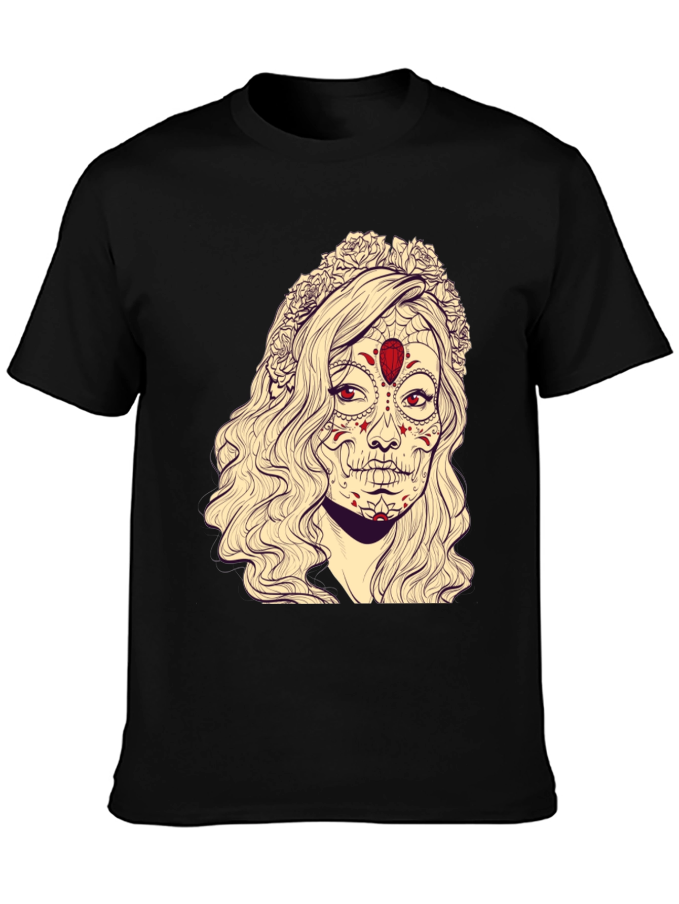 Black Sugar Skull Woman Graphic Tee - Black Cotton T-Shirt view 3