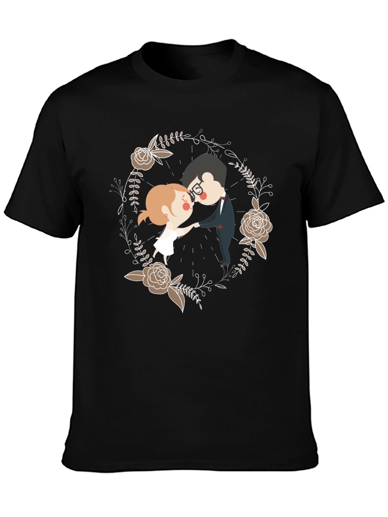 Black Romantic Couple Floral Wreath T-Shirt view 3