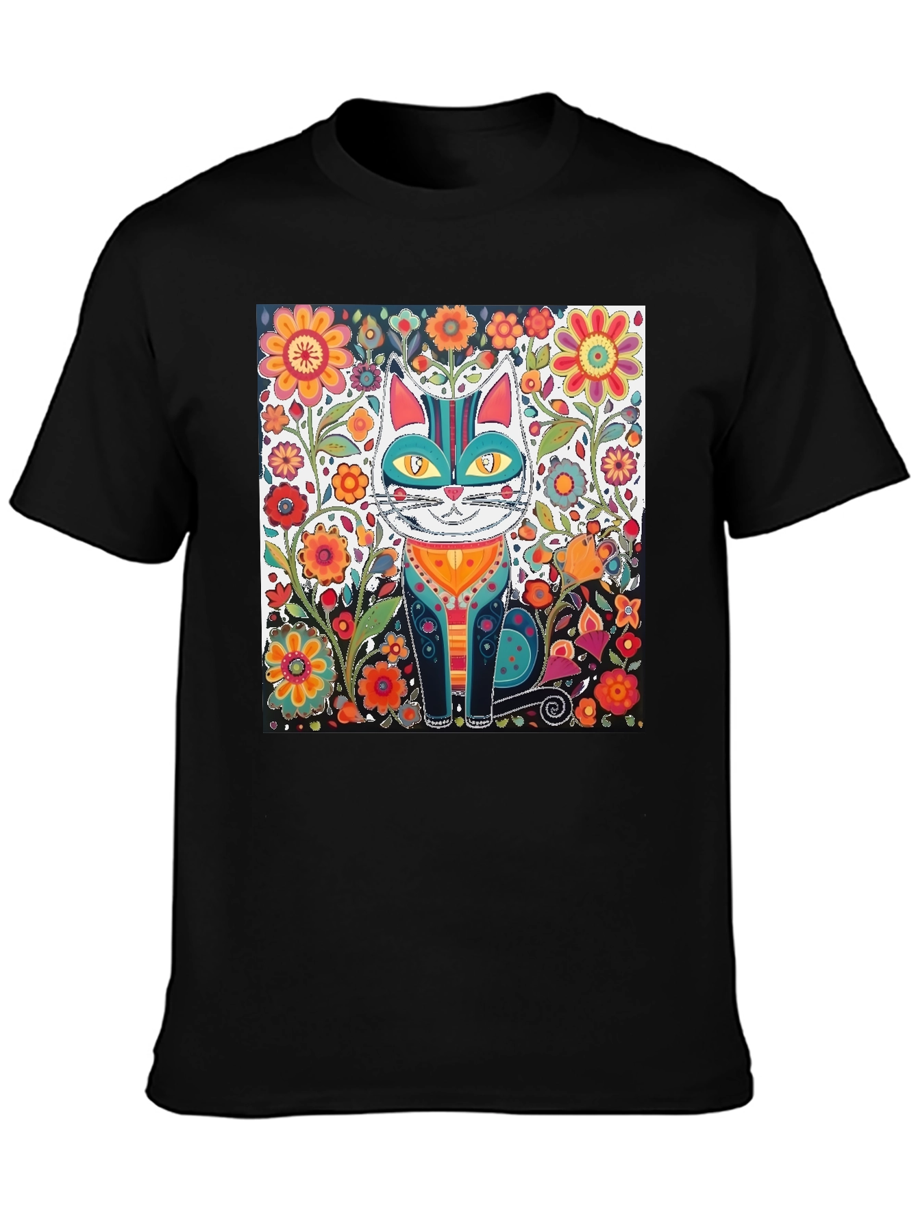 Black Floral Cat Graphic Tee - Unique Design view 3