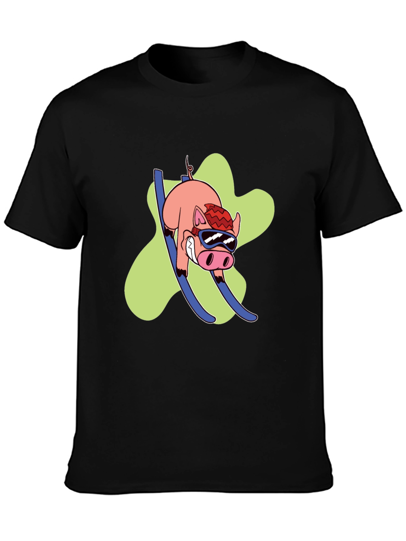 Black Skiing Pig Graphic Tee - Black Crew Neck T-Shirt view 3