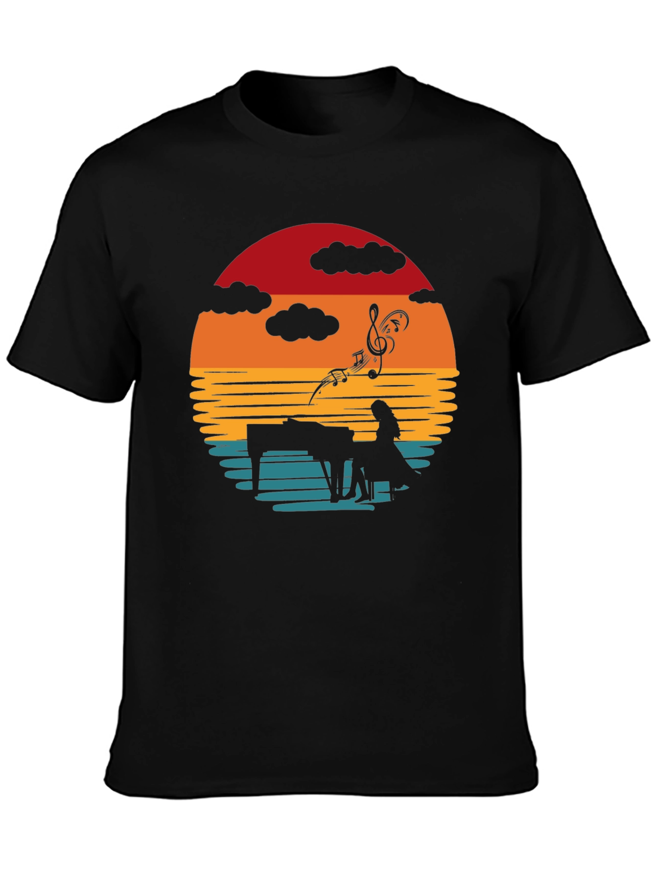 Black Sunset Piano Player Graphic Tee view 3